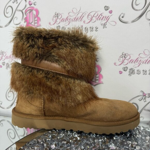 UGG CLASSIC BUCKLE MINI CHESTNUT FAUX FUR SHEARLING BOOT USA 10 rare brown furry - Picture 11 of 15